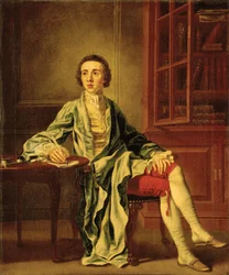 Portrett av Joseph Henry fra Straffan, Co. Kildare, i full lengde, sittende ved et bord og skriver et brev, i en blå frakk, gul vest og røde knebukser, ved siden av en bokhylle