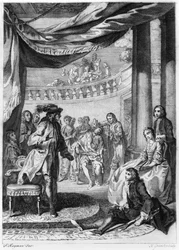 Teaterscenen, fra «Hamlet» av William Shakespeare (1564-1616), gravert av Hubert Gravelot (1699-1773)