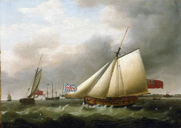 Skipet «Fly» og andre fartøy sør for Downs (England), med Union Jack-flagget. Olje på lerret