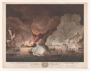 Ødelegge skip utenfor Gibraltar, 14. september 1782 The Destruction of the Floating Batteries before Gibraltar, 14. september 1782 (...) (tittel på objekt)