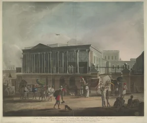 Utsikt over et hus, fabrikk og basar i Calcutta