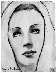 Ansikt av kvinne i slør, av Francis Picabia (1879–1953); grafittblyant og akvarell på papir.