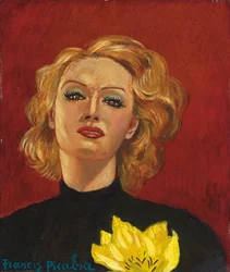 Kvinne med en gul blomst, ca. 1941–2 (olje på plate)