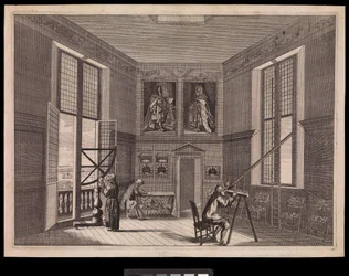 Tre figurer som bruker astronomisk utstyr i Great Star Room eller Octagon Room, som det er kjent i dag, ved Royal Observatory, ca. 1676 (gravering)