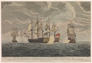 Den modige kaptein Tyrrel i «Buckingham» med 66 kanoner og 472 mann som beseiret «Florissant», «Aigrette» og «Atlante», tre franske krigsskip, 3. november 1758