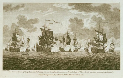 Tolv trykk av sjøslag. Den strålende aksjonen utenfor Kapp Francois 21. oktober 1757, mellom engelskmennene og syv franske krigsskip der sistnevnte ble fullstendig beseiret. (etsning)
