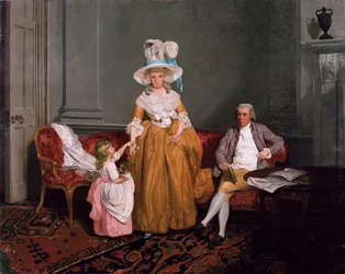 En familiegruppe, faren sittende, moren og datteren stående, i et interiør, 1700-tallet