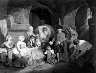 John Howard Esq. (1726-1790) Å besøke og lindre elendigheten i et fengsel, gravert av James Hogg, 1790