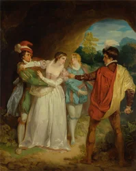 Valentine redder Silvia fra Proteus, fra Shakespeares "The Two Gentlemen of Verona," Act V, Scene 4, The Outlaws' Cave