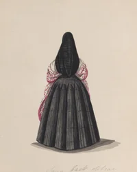 En kvinne iført saya sett bakfra, fra en gruppe tegninger som viser..., ca. 1848.