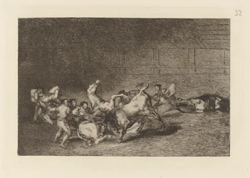 To lag med Picadorer kastet etter hverandre av en enkelt okse, plate 32 fra La tauromaquia