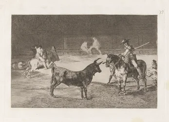 El c?lebre Fernando del Toro, barilarguero, tvinger udyret med stangen sin (The Celebrated Picador, Fernando del Toro, Draws the Fierce Beast on with his Pique), Plate 27 fra La tauromaquia