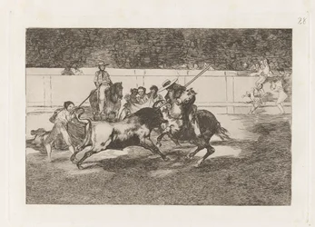 Den anstrengende Rendon som biter en okse, hvis skjebne døde han? en la plaza de Madrid (The Forceful Rendon Stabs a Bull with the Pique, from which Pass He Died in the Ring of Madrid), Plate 28 fra La tauromaquia