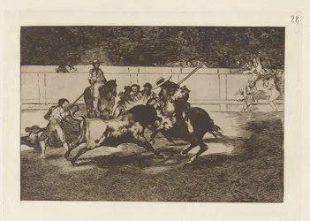 El esforzado Rendon picando un toro, de cuya suerte muri? en la plaza de Madrid (The Forceful Rendon Stabs a Bull with the Pique, from which Pass He Died in the Ring of Madrid), Plate 28 from La tauromaquia   1349556   no       norwegian Successfully Trans