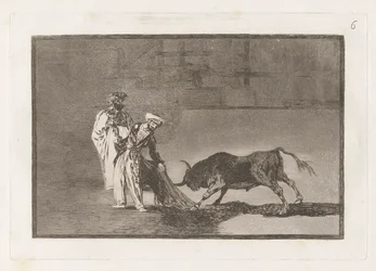 Maurerne utfører en annen capeo på arenaen og lokker oksen med burnusen sin, plate 6 fra La tauromaquia
