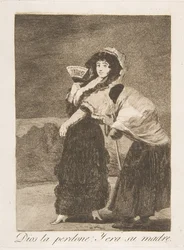 Plate 16 fra Los Caprichos: For himmelens skyld: og det var hennes mor Dios la Perdone: Y..., 1799.