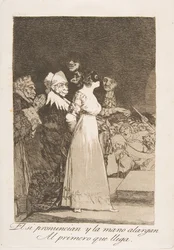 Plate 2 fra Los Caprichos : De sier ja og gir hånden til den første som kommer El si ..., 1799.