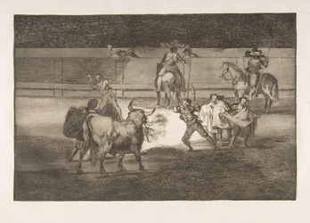 Plate 31 av Tauromaquia: Banderillas with firecrackers., 1816.