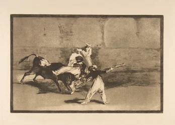 Plansje 8 fra Tauromaquia: En maurer tatt av oksen i arenaen, ca. 1816.
