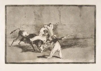 Plansje 8 fra «Tyrefektingen»: En maurer blir tatt av oksen i arenaen, 1816.