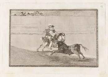 Un caballero espa?ol en plaza quebrando rejoncillos sin auxilio de los chulos (En spansk ridder i ringen som bryter korte spyd uten hjelp fra assistenter), plate 13 fra La tauromaquia