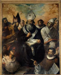 Saint Basil dikterer sin doktrine Saint Basil of Cesaree eller Basil the Great (330-379), munk, eveque av Cesaree of Cappadocia, kirkens doktor. Maleri av Francisco Herrera (1585-1657) (esp.) 1639 Søn. 2,43x1,94 m