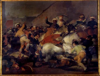 El dos de Mayo (2. mai) eller "" Mamelukkenes siktelse"": opprør mot Joseph Bonaparte (bror til Napoleon I) i Madrid 2.05.1 Maleri av Francisco de Goya og Lucients (1746-1828). 1814. Søn. 2,66x3,45 m Madrid. Engmuseet.