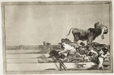 Fryktelige hendelser på de fremste radene i arenaen i Madrid og borgermesteren i Torrejóns død i 1801. 1816. Plansje 21 fra «Tyrefektingens kunst». Spania. Madrid (autonom region). Madrid. Nasjonalbiblioteket