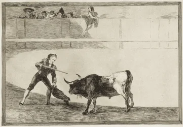 Pedro Romero dreper den stansede oksen. 1816. (25,1 x 35,9 cm). Pedro Romero (1754-1839). Spansk tyrefekter. Plansje 30 fra «Tyrefektingens kunst». Spania. Madrid (autonom region). Madrid. Nasjonalbiblioteket