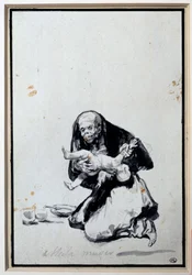 Feil kvinne Antropofagi Scene, en heks har et barn. Grå vask av Francisco Goya y Lucientes (1746-1828) Søn. 0,21x0,14 m Paris, musee du Louvre