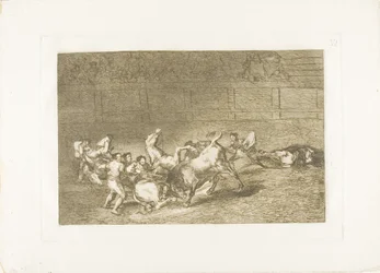 To lag med picadorer kastet etter hverandre av en enkelt okse, plate 32 fra The Art of Bullfighting