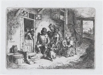 Plate 10: to figurer som danser, en annen sittende og spiller tromme, fra tollserien ..., 1850.