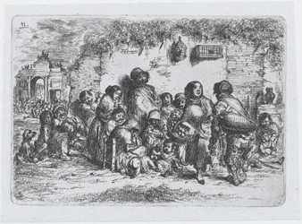 Plate 11: en gruppe mennesker utendørs, fra serien av skikker og tidsfordriv fra Spania..., 1850.