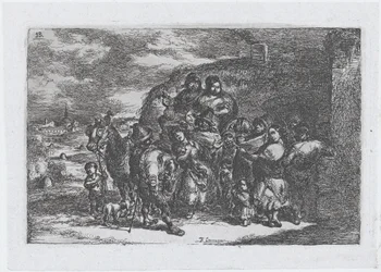 Plate 13: en gruppe mennesker utendørs inkludert muligens musikere, fra serien av cust..., 1850.