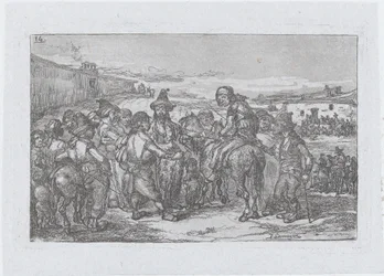 Plate 14: en stor gruppe mennesker utendørs, muligens en gruppe skuespillere, fra serien o..., 1850.