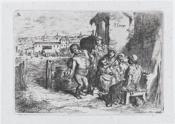 Plate 16: en gruppe mennesker utendørs, inkludert en mann som skjenker vin eller vann fra et kar ..., 1850.