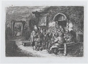Plate 18: gatemusikanter og andre skikkelser utenfor en taverna, fra tollserien ..., 1850.