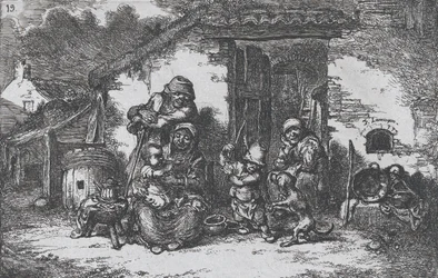 Plate 19: en familie og en gutt som leker med en hund utenfor et hus, fra serien av custom..., 1850.