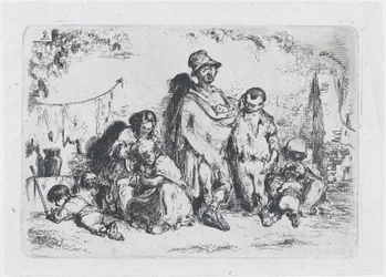 Plate 2: en gruppe mennesker på gaten, muligens tiggere, fra serien av toll og..., 1850.