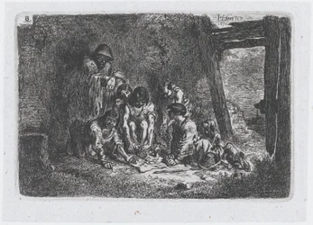 Plate 8: en gruppe figurer hvorav noen spiller et spill, fra serien av toll og..., 1850.