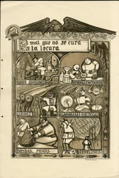 Illustrasjon av Francisco Sancha Lengo (1874-1936) - Flyvende blad, ca. 1915 - Det onde som ikke kan kureres er galskap - Krigen 14 -18, Tyskland Preussen, Asphixiant gass, spansk språk, utenlandsk presse