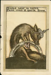 Illustrasjon av Francisco Sancha Lengo (1874-1936) - Flyvende blad, ca. 1915 - Mucho sabe la zorra pero mal el que la toma - 14-18-krigen, Tyskland Preussen, krigerister og symboler, allierte, spansk språk, utenlandsk presse - rev -, obstruksjon, animasjon