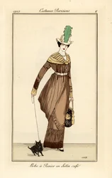 Kvinne i kurvkjole i kaffefarget sateng med hund, etsning fra Tommaso Antonginis Journal des Dames et des Modes, Aux Bureaux du Journal des Dames, Paris