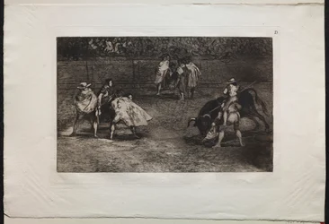 Bullfights: A Bullfighter montert på skuldrene til en assistent, Spearing a Bull, 1876.
