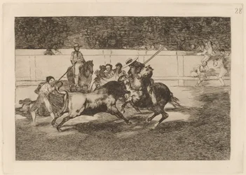 Den kraftfulle Rendon som biter en okse, hvis skjebne han døde på Madrid-plassen (The Forceful Rendon Stabs a Bull with the Pique, from which Pass He Died in the Ring at Madrid)