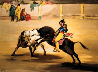 Mariano Ceballos kalt "indianeren" på ryggen av en okse bryter gjedden sin på arenaene i Madrid, ca. 1810 (maleri)