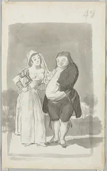 Prostituert som henvender seg til en tykk, stygg mann, forside, ung kvinne som vrir hendene sine, bakside, 1796-97