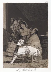 She Fleeces Him (Le descanona), plate 35 av Los Caprichos, ca. 1797-98 (etsing og akvatint på papir)