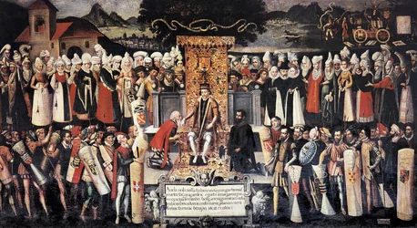 Seremoni med håndkyssing (håndkyssing) etter erklæringen om privilegier av kong Ferdinand den katolske (1452-1516). Maleri av Francisco de mendieta Y Retes (1500-tallet). Spania, Guernica. Juntas hus.