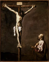 Korsfestelse og kunstnerens selvportrett i rollen som den hellige Lukas ved korsets fot. Maleri av Francisco de Zurbarán (1598-1664), 1635-1640, 105x84 cm, Madrid, Prado-museet